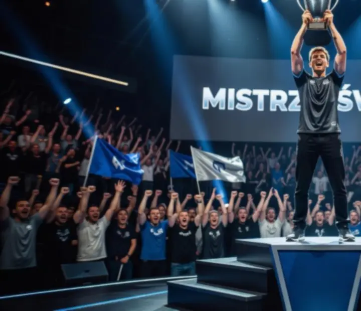 Esportowy mistrz podnoszący trofeum na scenie w blasku świateł