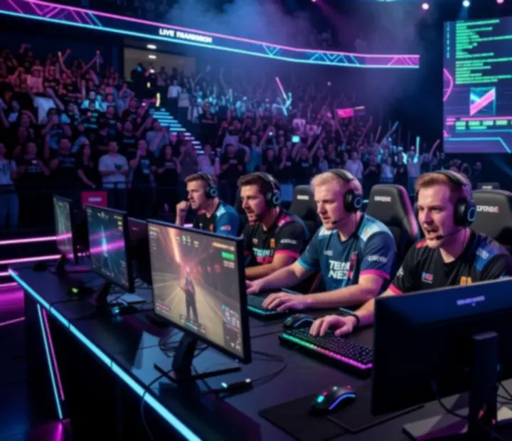 Scena e-sportowa z zawodnikami przy komputerach i publicznością w tle