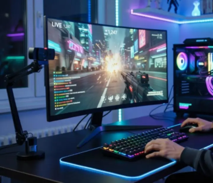Nowoczesne stanowisko streamera z mikrofonem, monitorem i podświetleniem LED