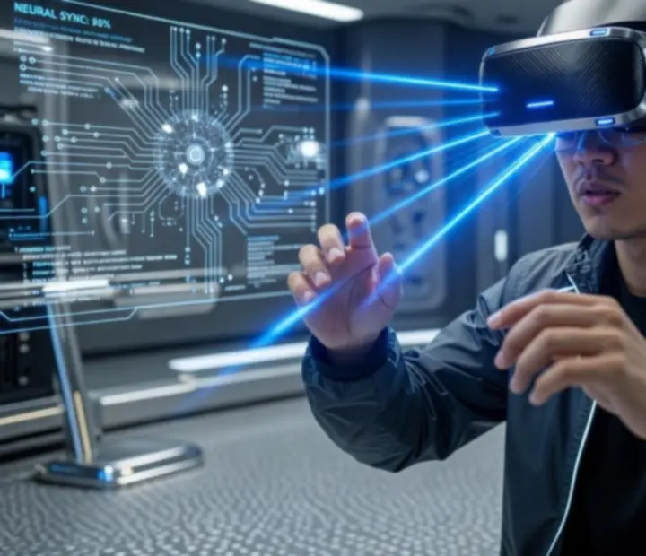 Gracz w goglach VR z futurystycznym interfejsem w tle